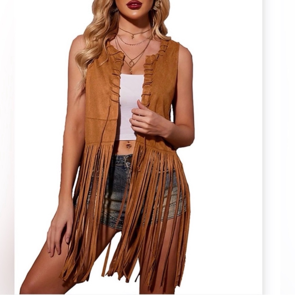 Boho Faux Suede Camel Long Fringe Western Festival Duster ~ Size Large - Picture 4 of 16